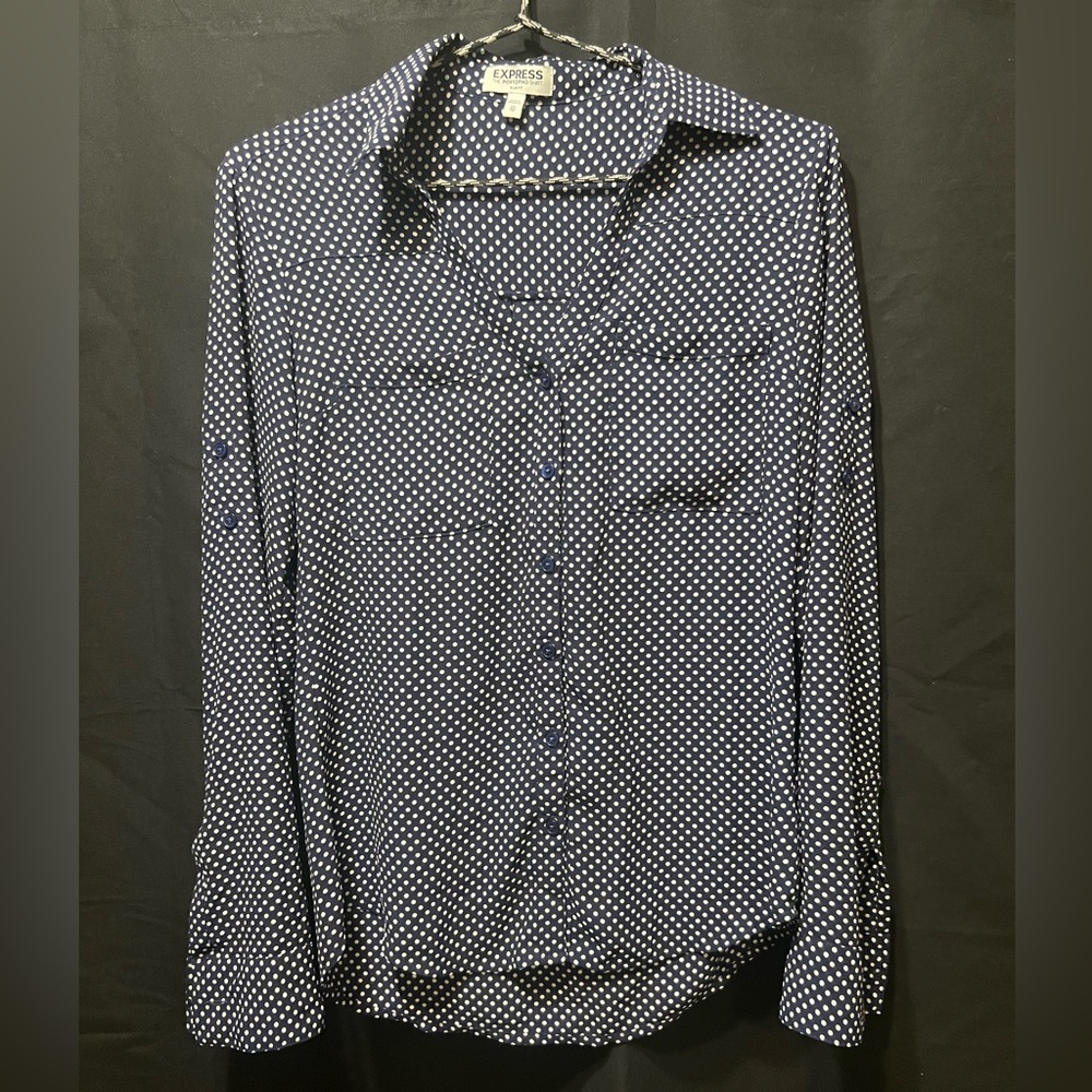 Women’s Blue Dotted Button-up Blouse (Express)